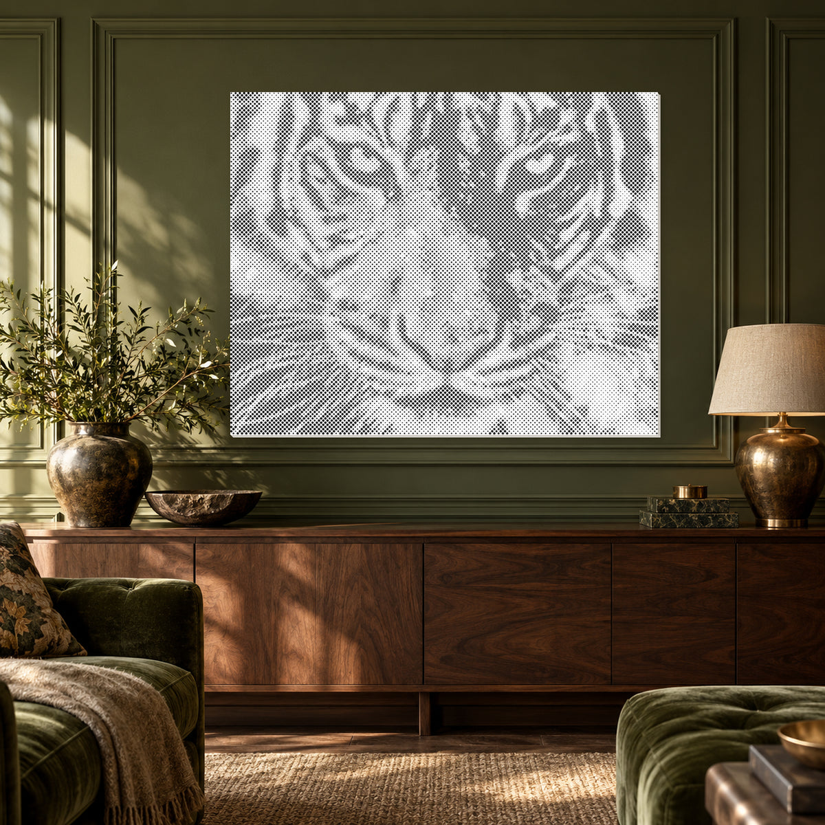Wild Majesty tiger portrait dot painting shown close up on an olive panelled wall above a walnut console.