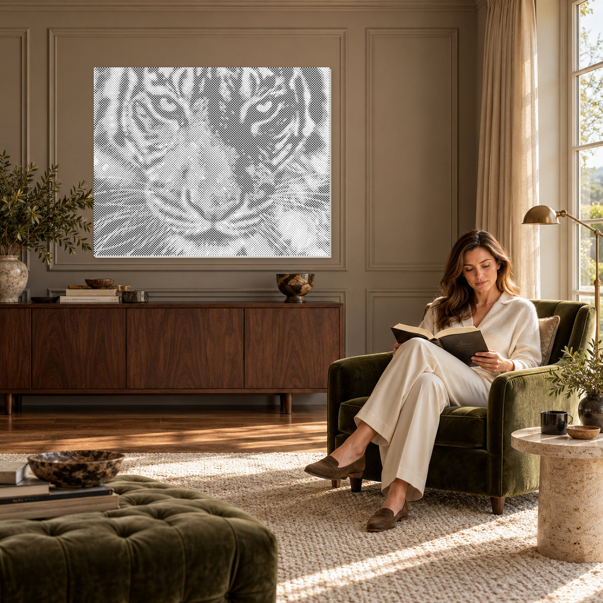 Wild Majesty tiger portrait dot painting in a taupe panelled reading room with a woman seated nearby.