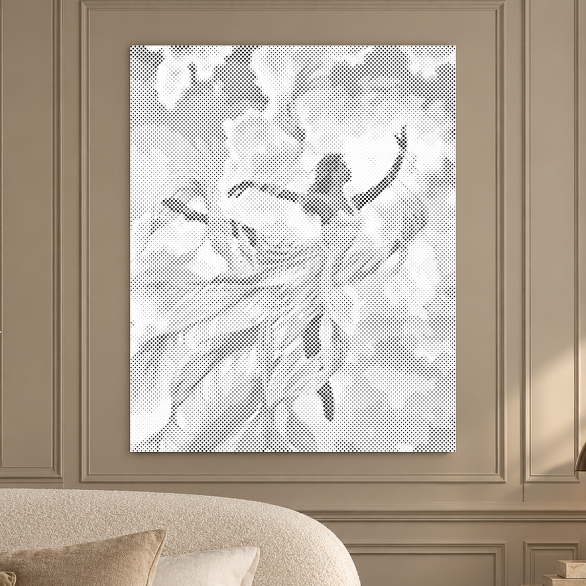 Windswept Grace woman dancing dot painting shown close up in a luxury greige panelled bedroom.