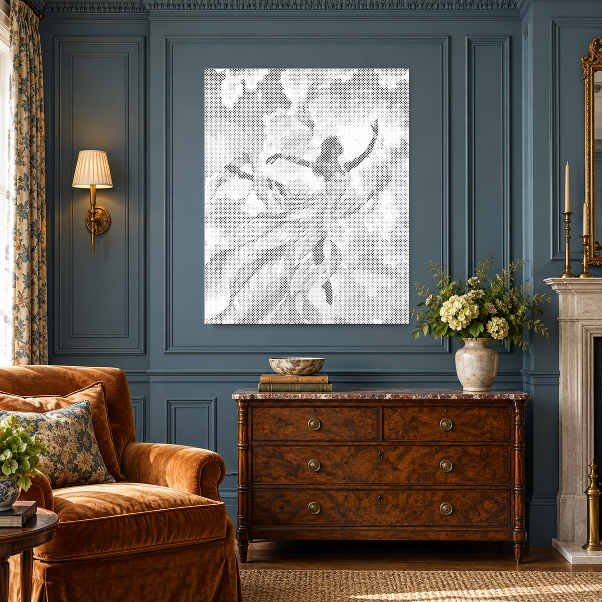 Windswept Grace woman dancing dot painting in a luxurious blue panelled sitting room with a velvet chair and walnut chest.