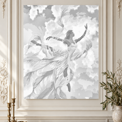 Windswept Grace, a woman dancing dot painting, shown close up against ornate ivory panelled walls.