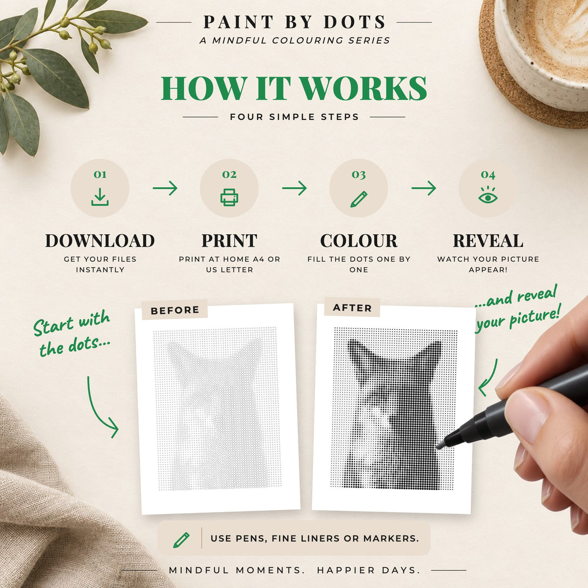How to download, print and fill the circles in the Woodland Animals dot painting book