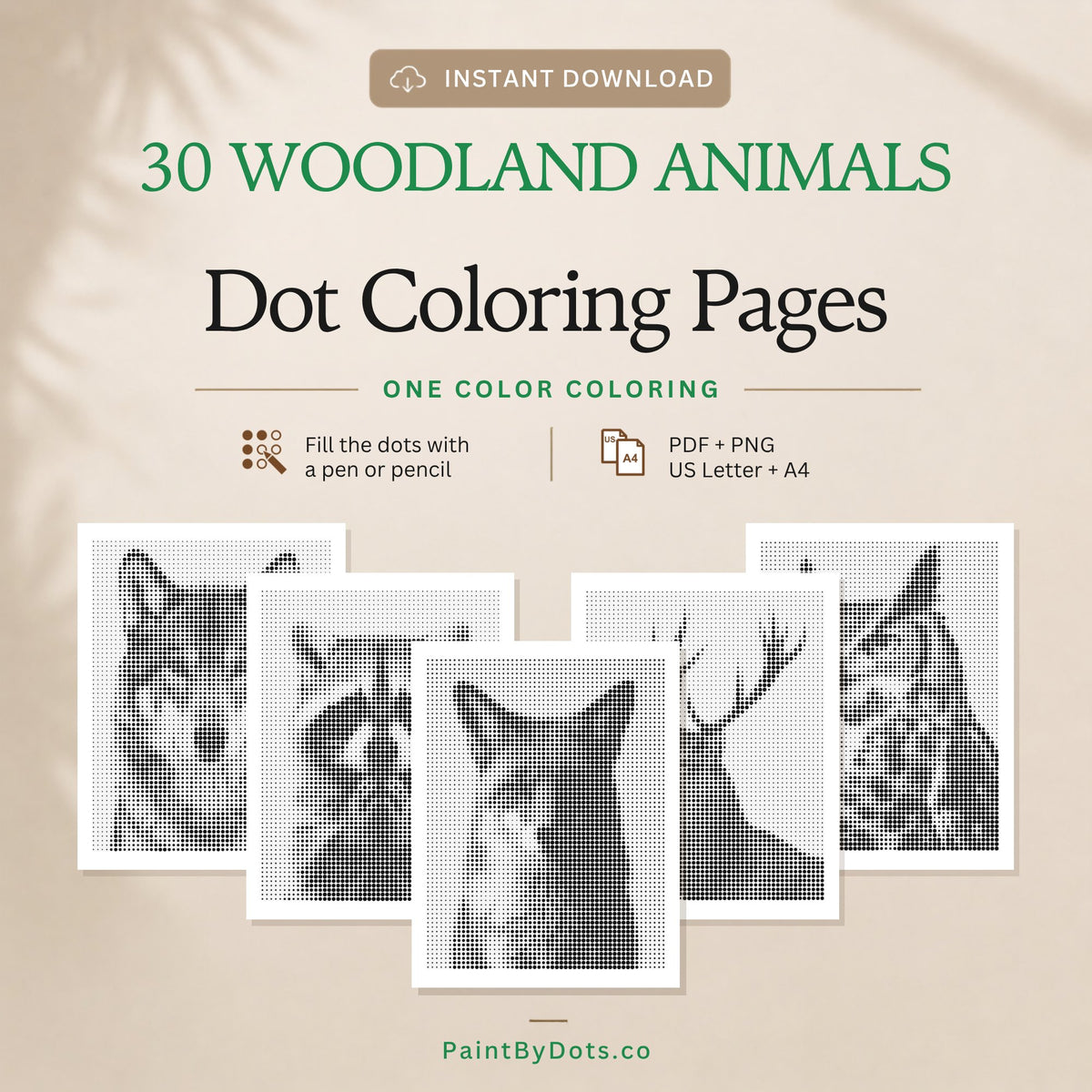 Woodland Animals dot painting digital download with 30 printable pages (dot painting)