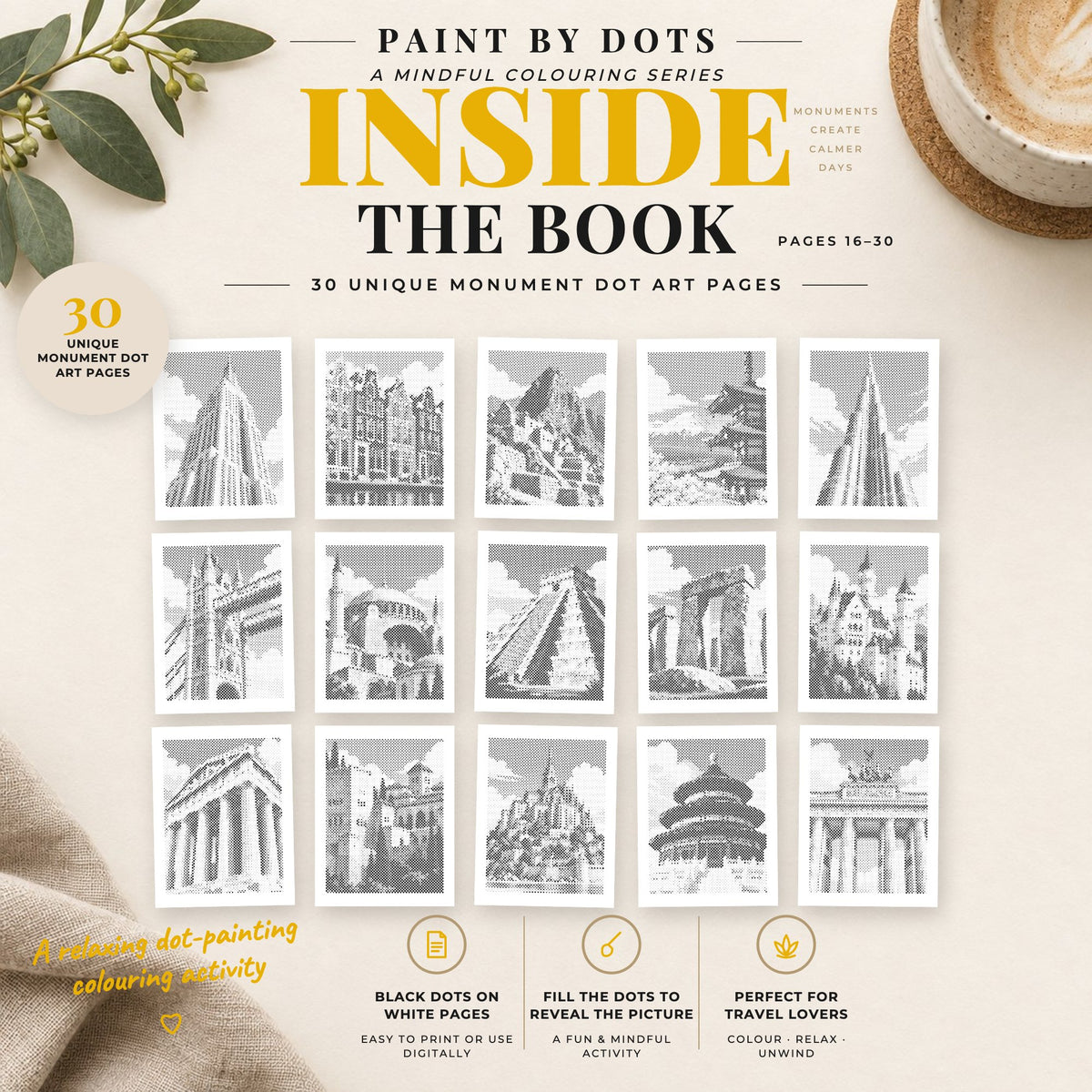 Preview of World Monuments printable dot painting designs, pages 16 to 30